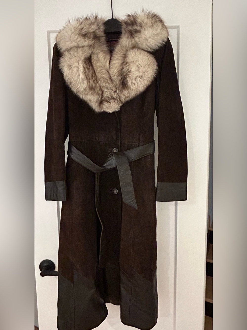 Long Brown Suede Coat with Beige Fur Collar